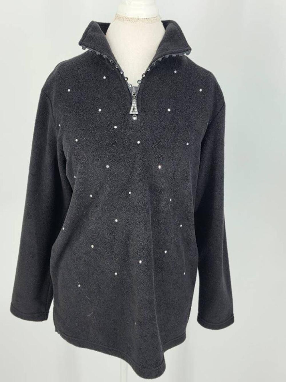Quacker Factory Vintage Womens Medium Pullover Fits Larger RhinestoneFleeceBlack